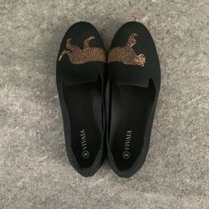 Vivaia Round-Toe Embroidered Loafers (Audrey), Size 6. Black- Cheetah